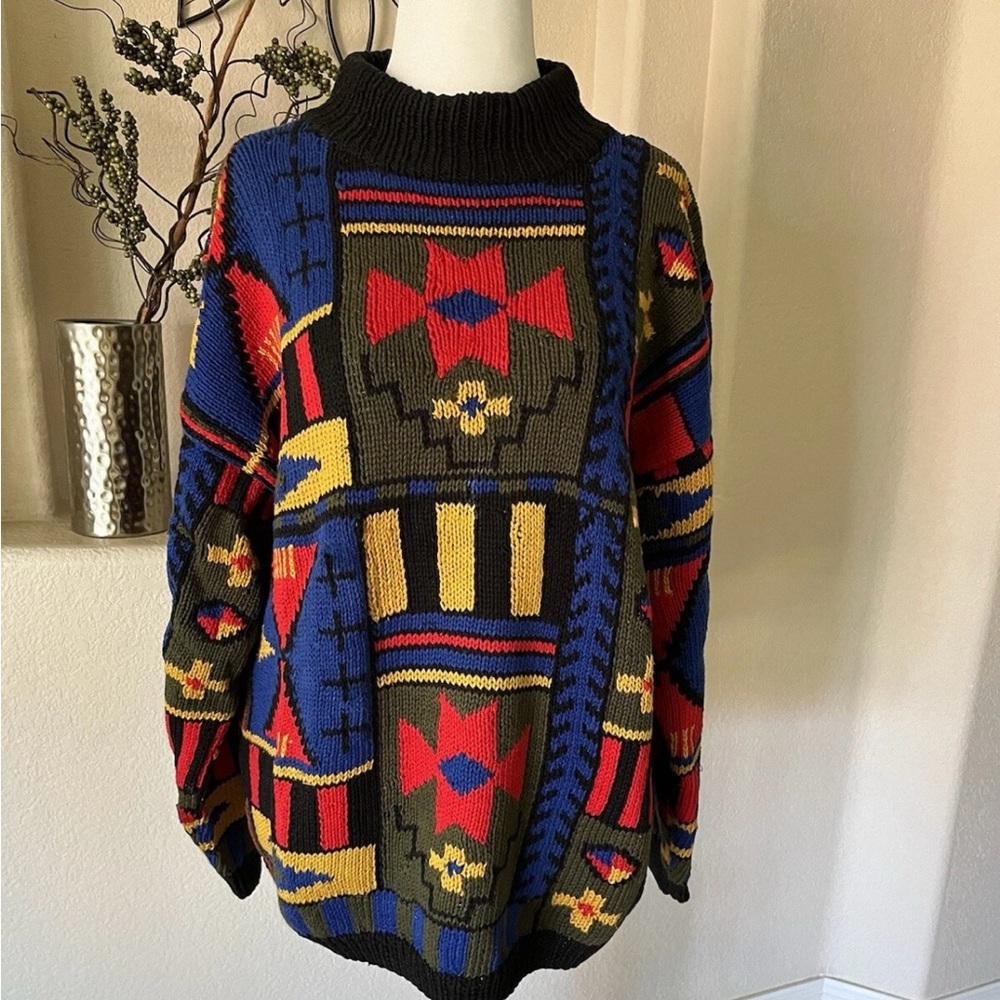 Rafaela Vintage Geometric Hand Knitted 80s Oversized Sweater Womens Small EUC
